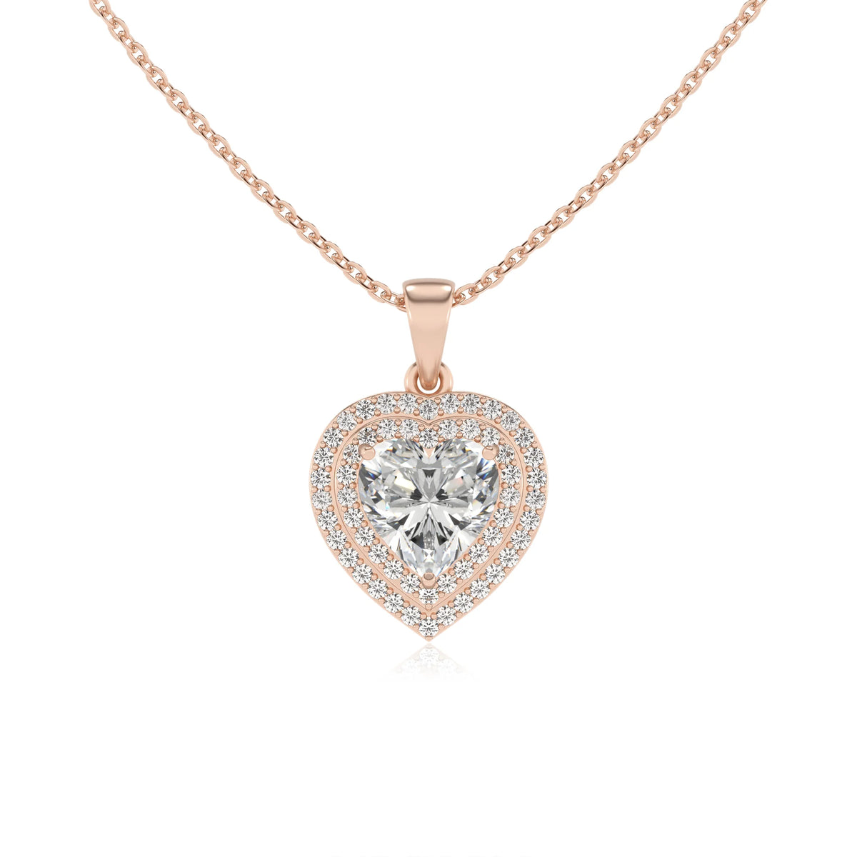 lab grown moissanite heart halo necklaces in rose gold 