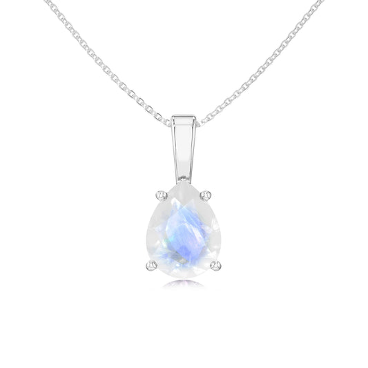 natural rainbow-moonstone pear solitaire necklaces in platinum 