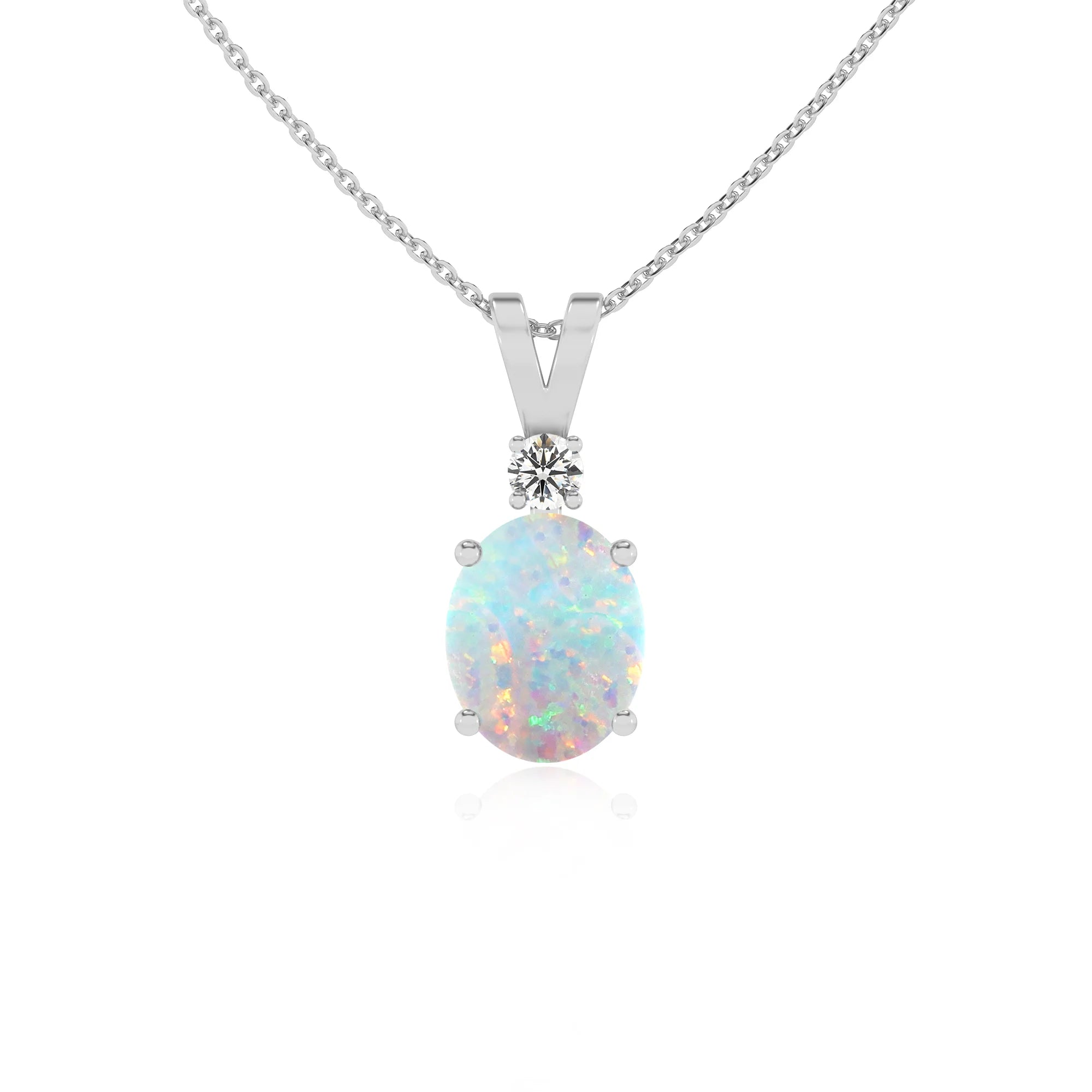 lab grown opal oval solitaire v-bale necklaces in platinum 