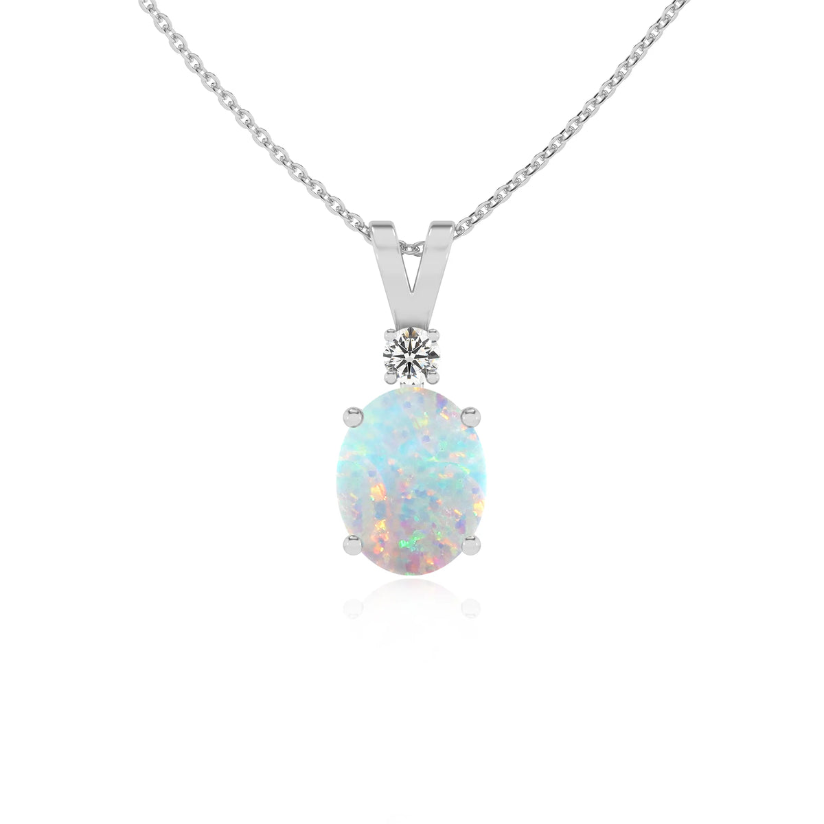 lab grown opal oval solitaire v-bale necklaces in platinum 