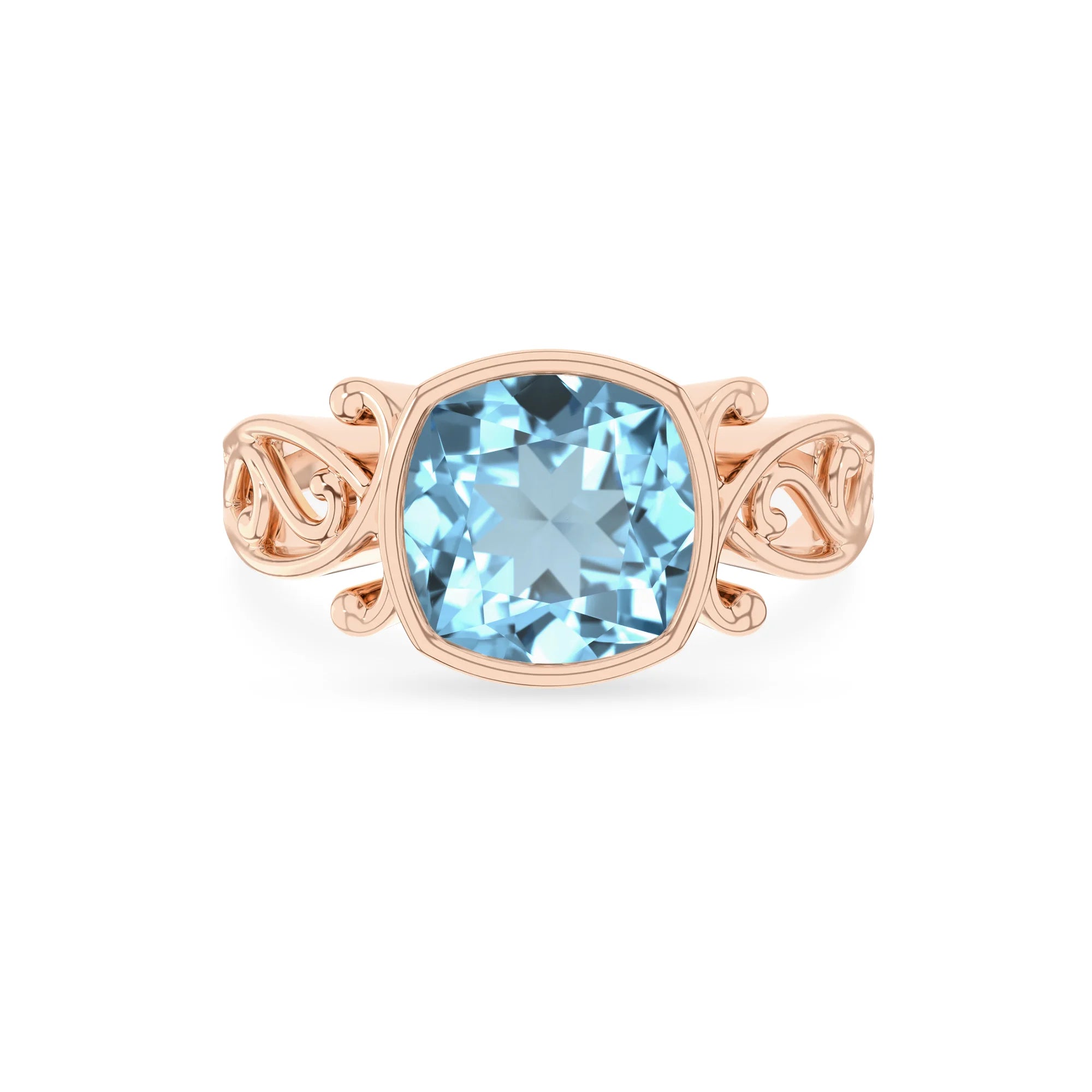 lab grown aquamarine cushion solitaire rings in rose gold 