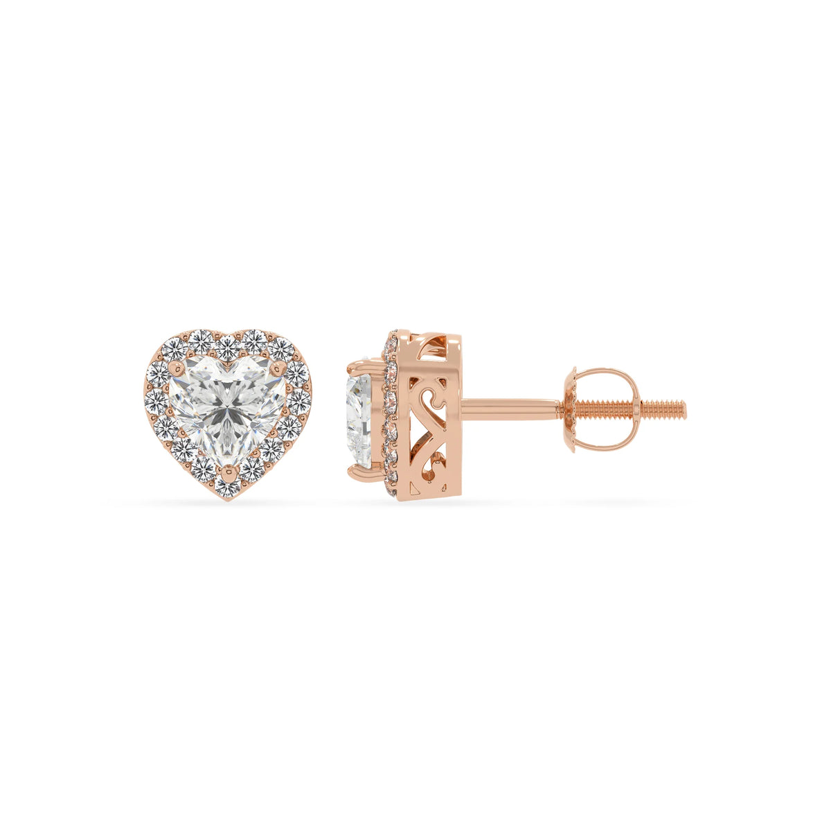 lab grown moissanite heart stud earrings in rose gold 