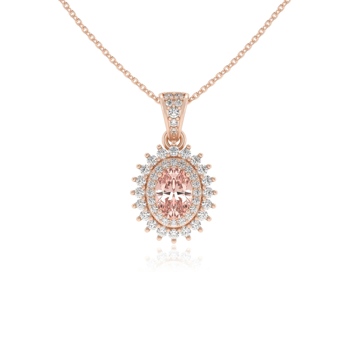 lab grown morganite oval halo necklaces in rose gold 
