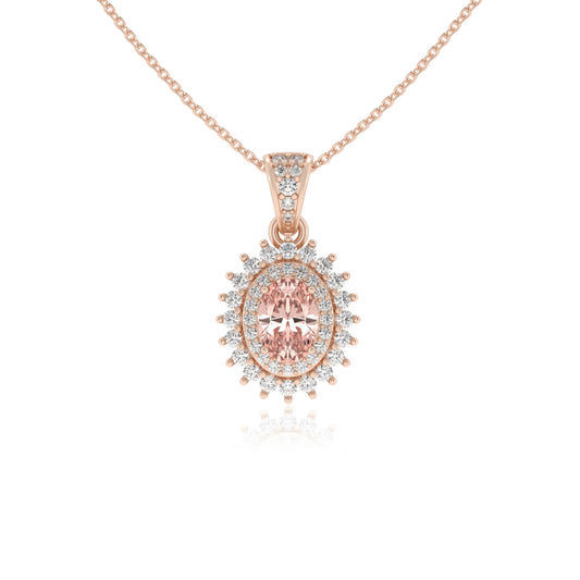 lab grown morganite oval halo necklaces in rose gold 