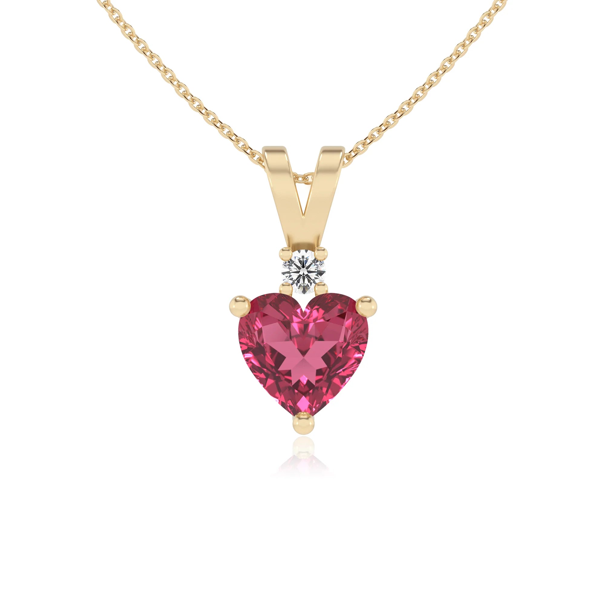 lab grown pink-tourmaline heart solitaire v-bale necklaces in yellow gold 