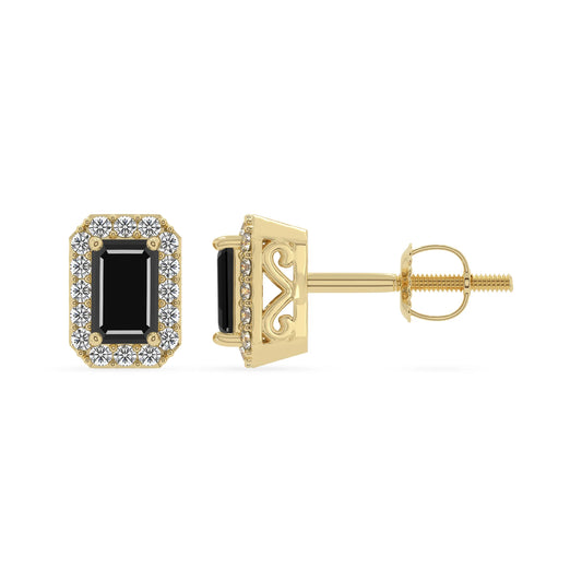 natural black onyx emerald cut stud earrings in yellow gold 
