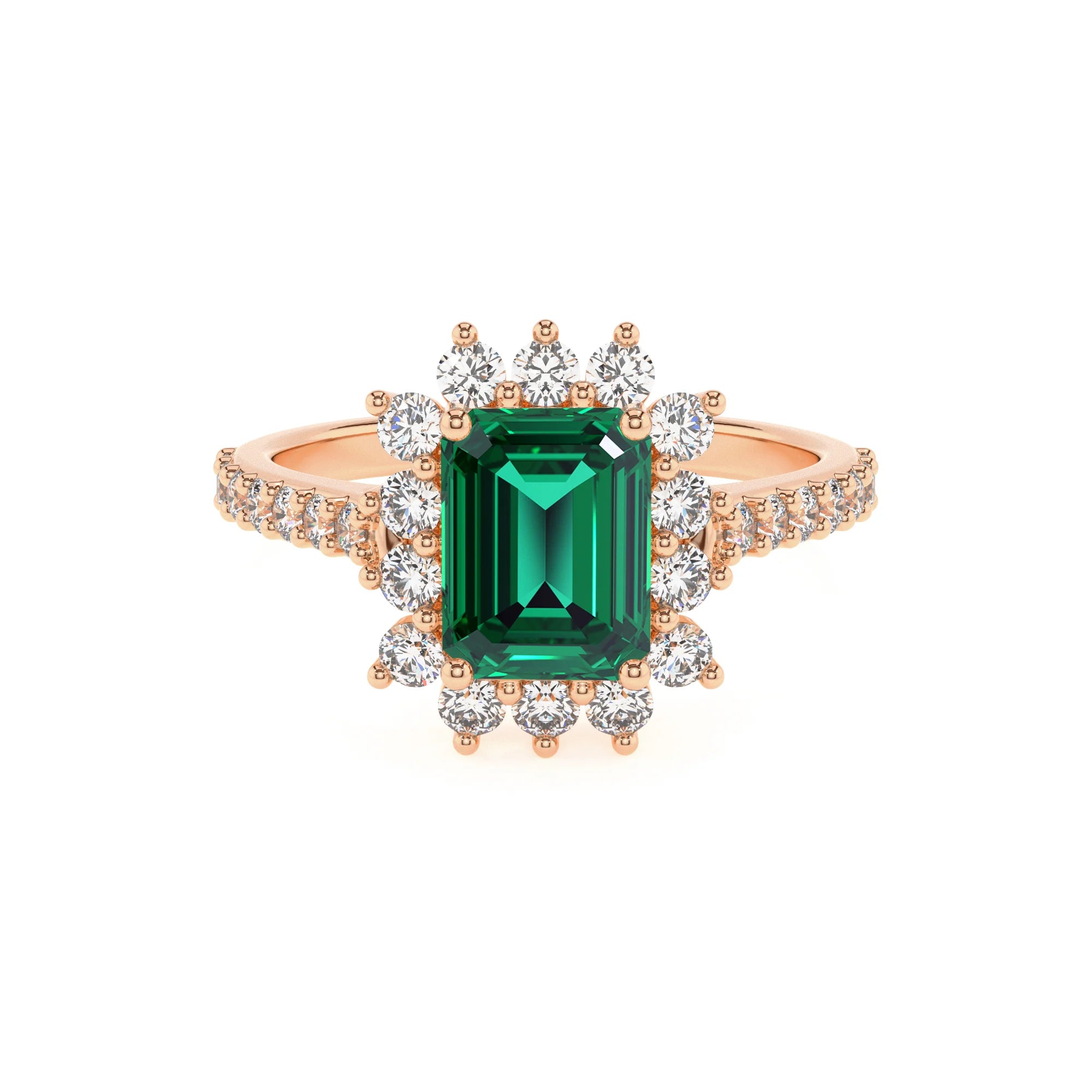 lab grown emerald octogon cut solitaire rings in rose gold 
