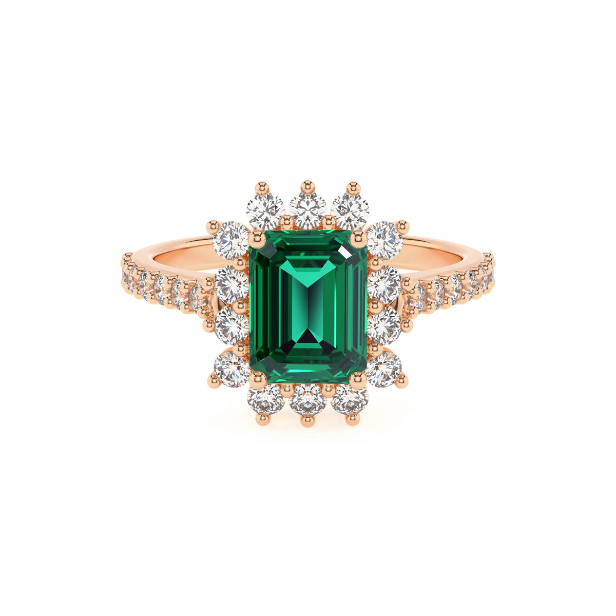 lab grown emerald octogon cut solitaire rings in rose gold 