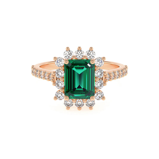 lab grown emerald octogon cut solitaire rings in rose gold 