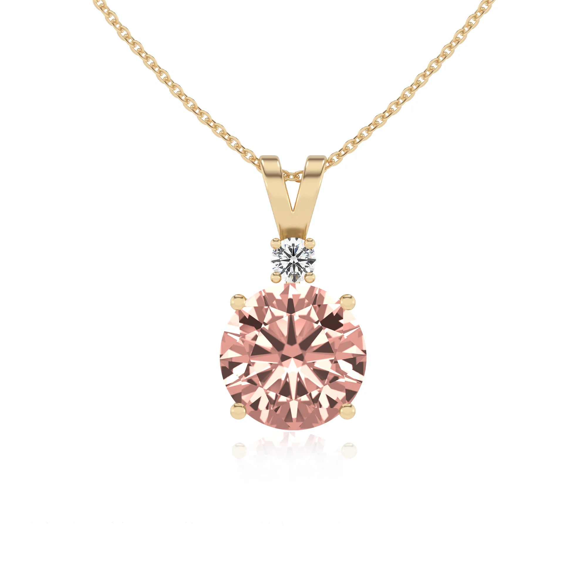 lab grown morganite round solitaire v-bale necklaces in yellow gold 