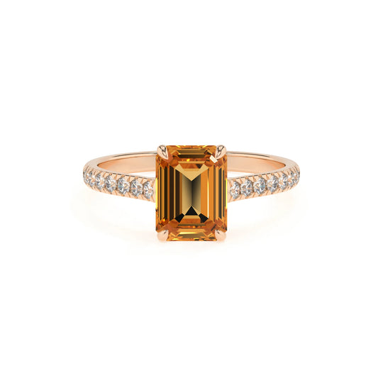 lab grown citrine emerald cut half eternity solitaire engagement rings in rose gold 