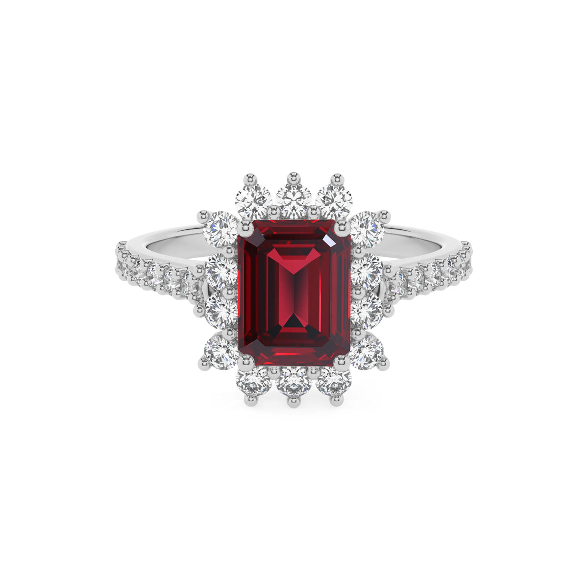 lab grown ruby emerald cut solitaire rings in white gold 