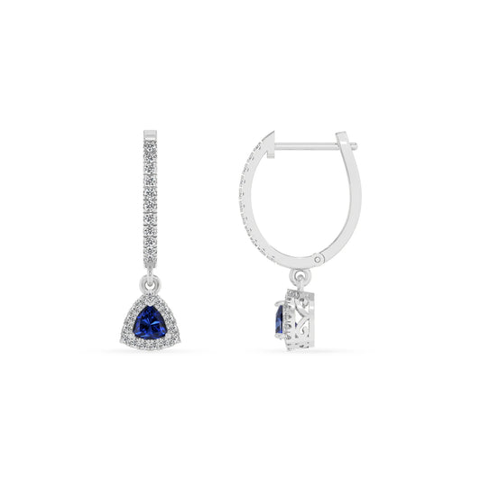 lab grown blue sapphire trillion drop earrings in white gold 