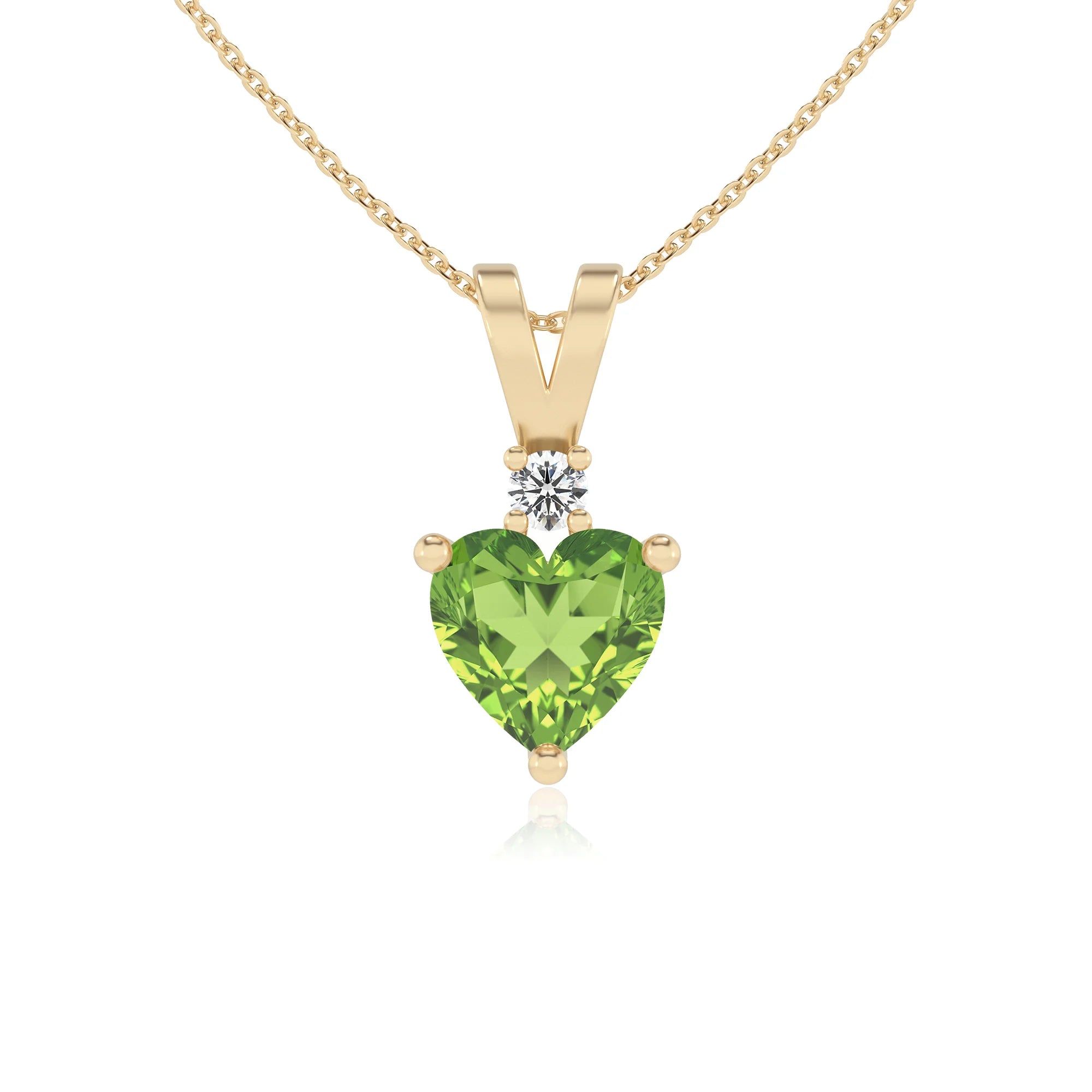 natural peridot heart solitaire v-bale necklaces in yellow gold 