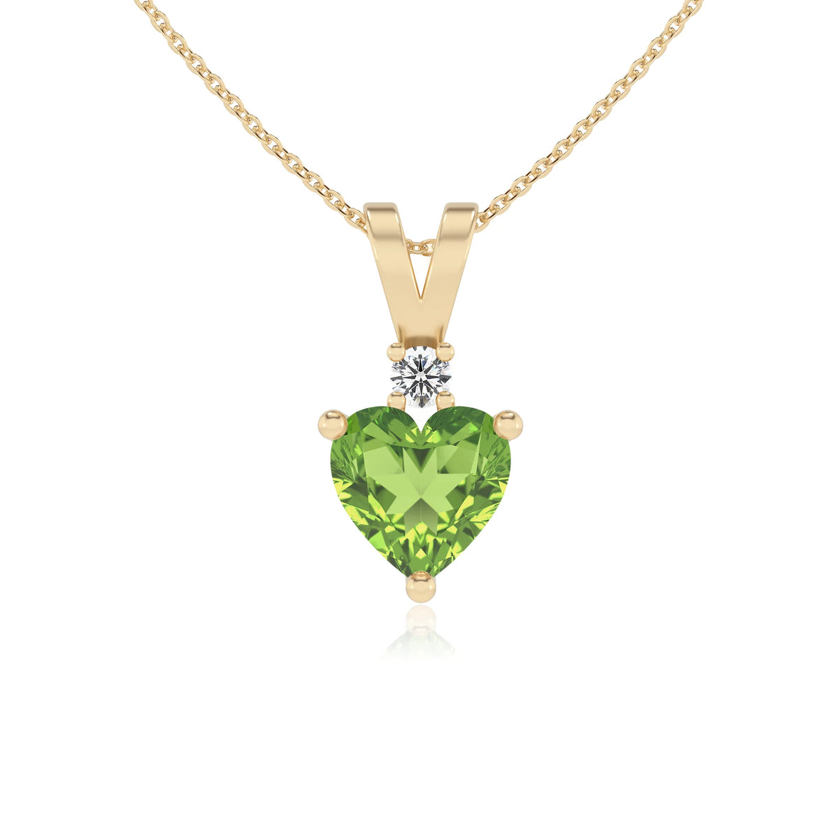 natural peridot heart solitaire v-bale necklaces in yellow gold 
