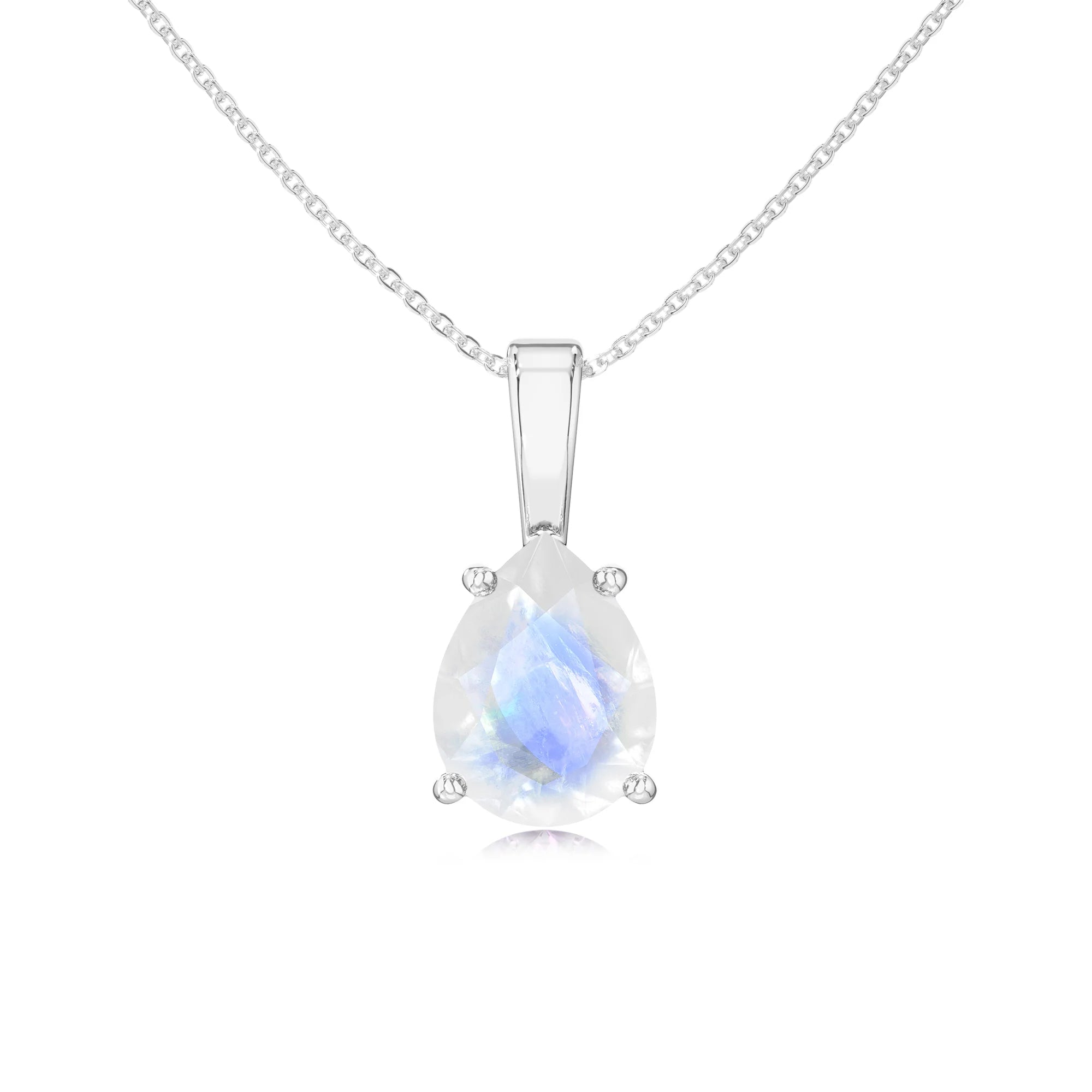 natural rainbow-moonstone pear solitaire necklaces in white gold 