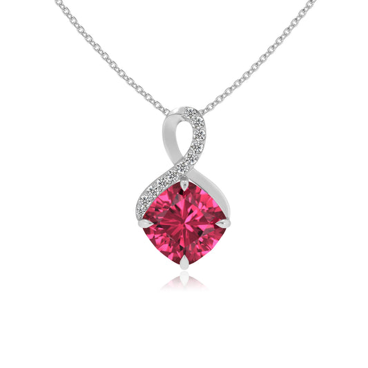 lab grown pink-tourmaline cushion infinity necklaces in white gold 