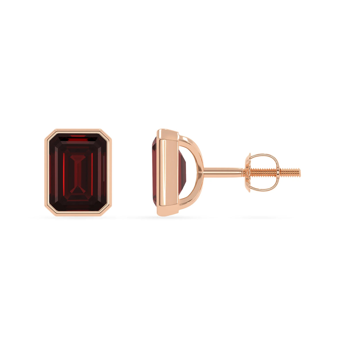 Natural Garnet Emerald-Cut Solitaire Stud Earrings