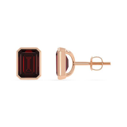 Natural Garnet Emerald-Cut Solitaire Stud Earrings