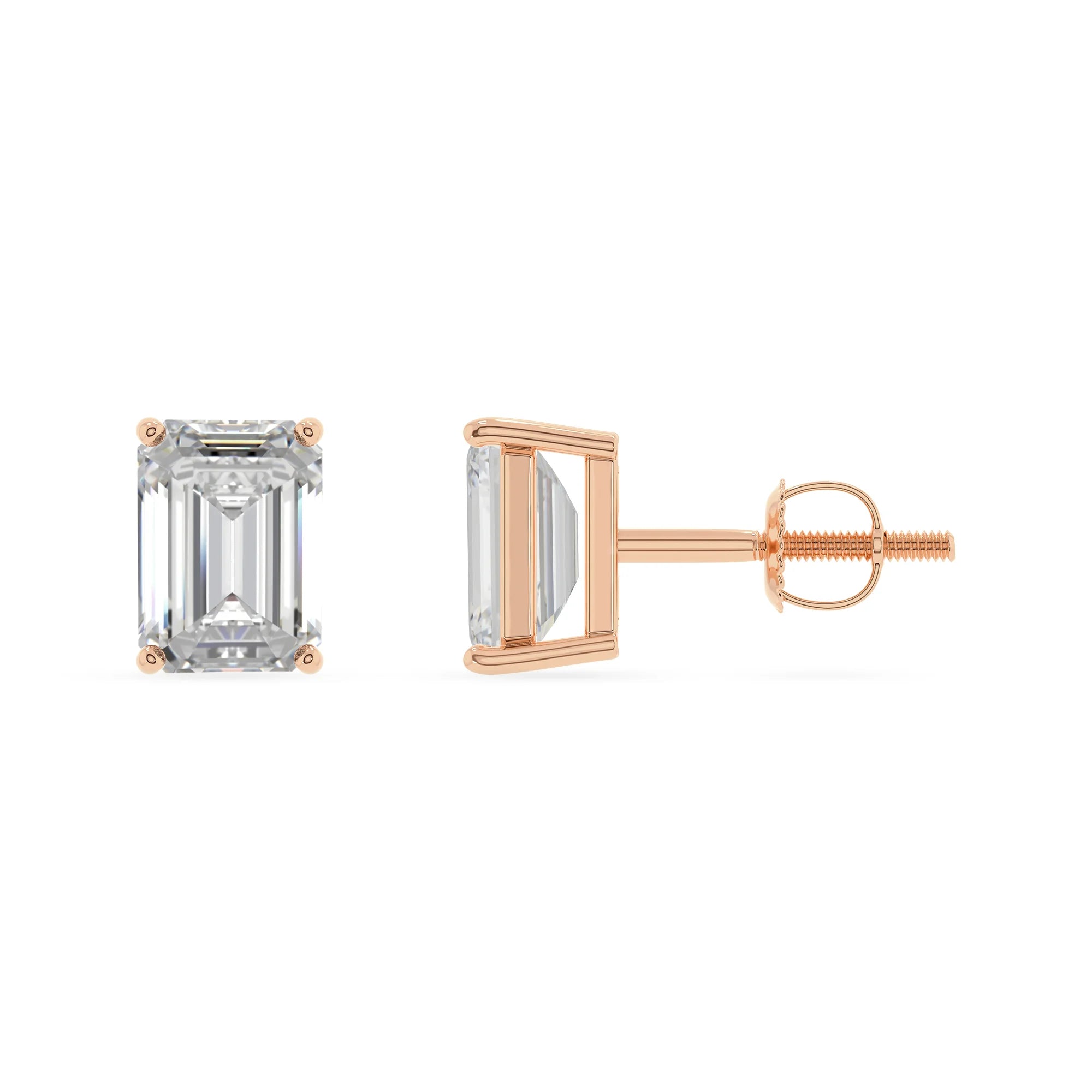 lab grown moissanite emerald cut stud earrings in rose gold 