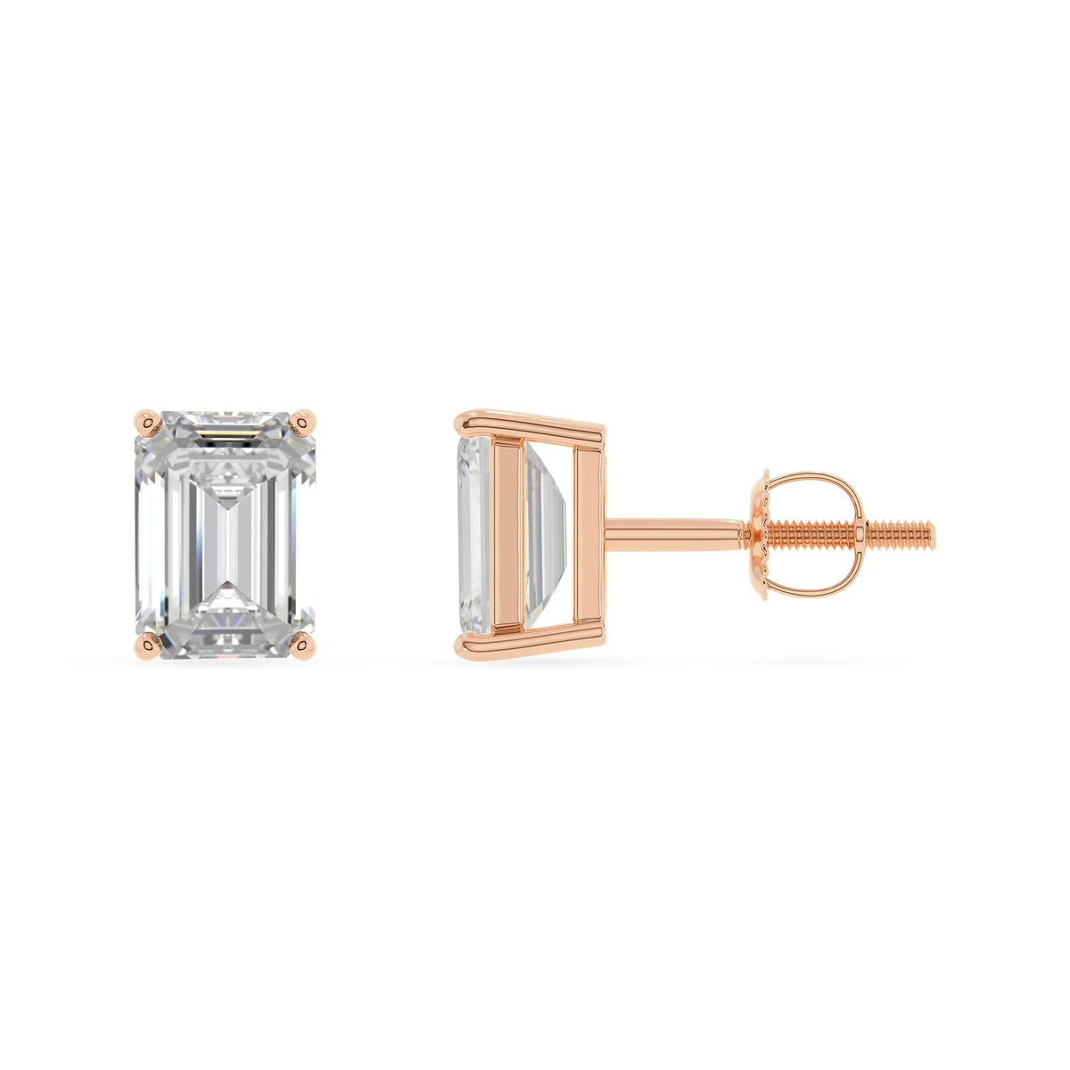 lab grown moissanite emerald cut stud earrings in rose gold 