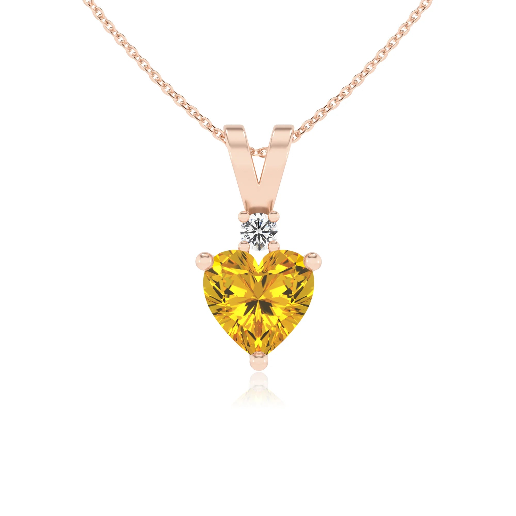 lab grown yellow-sapphire heart solitaire v-bale necklaces in rose gold 