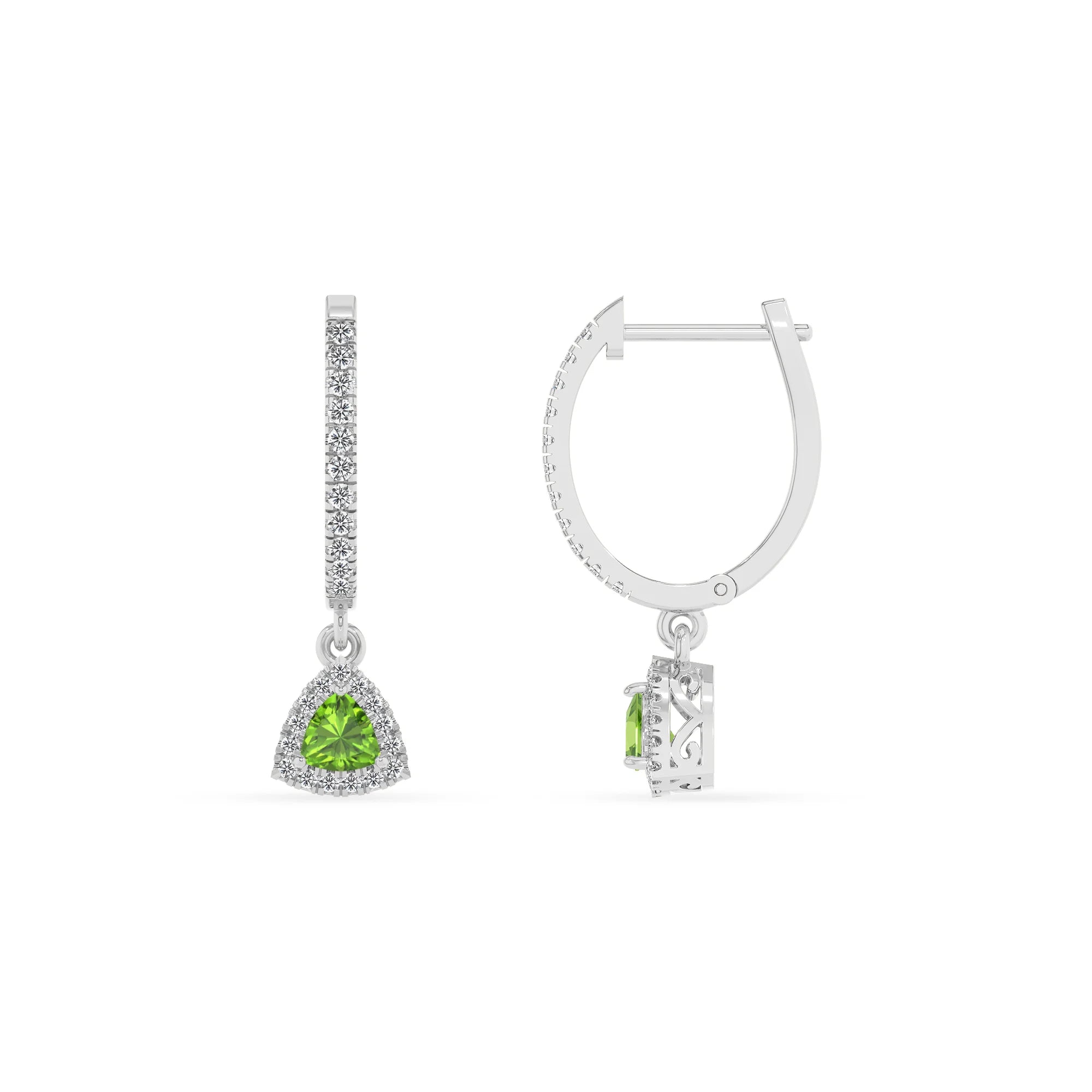 natural peridot trillion drop earrings in platinum 