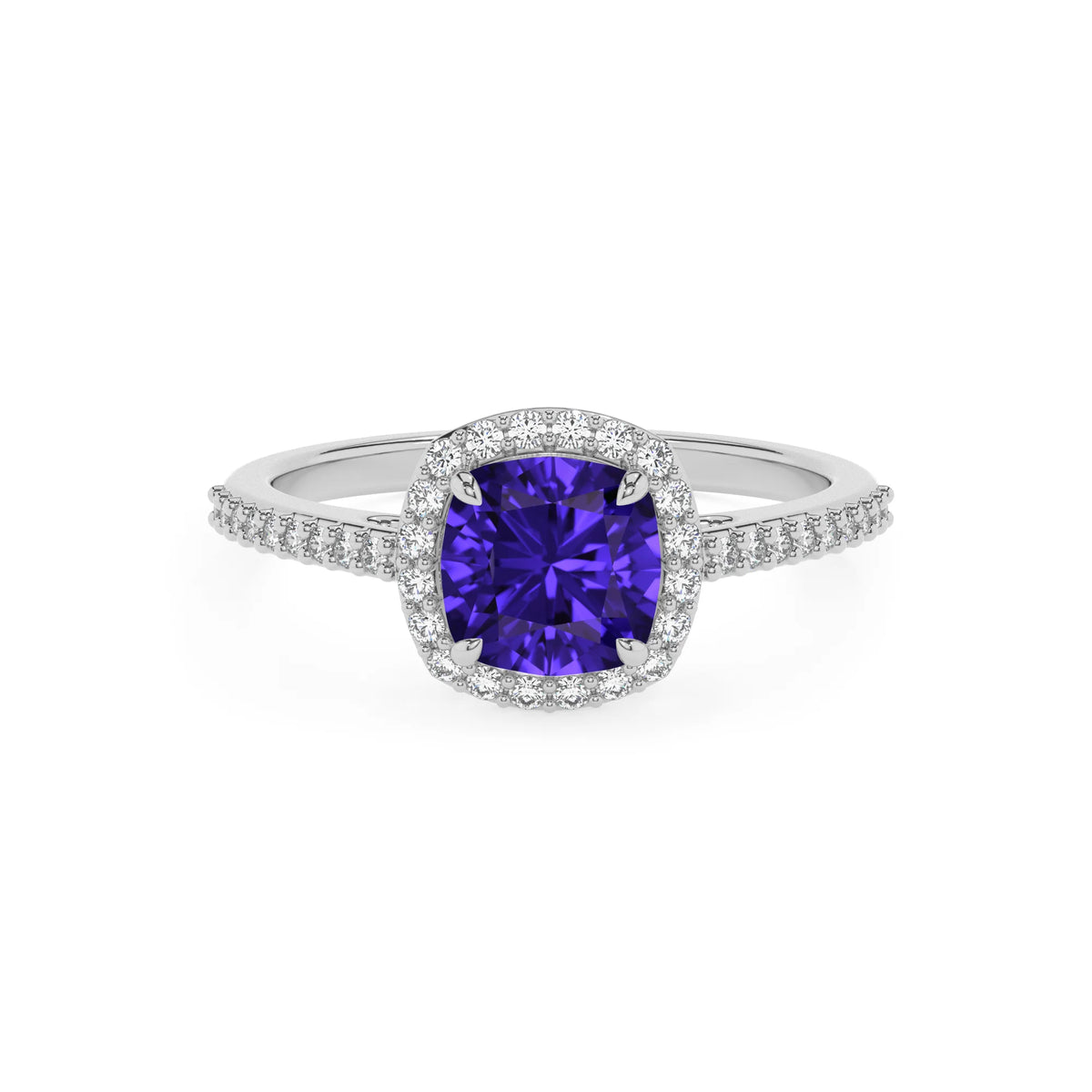 lab grown tanzanite cushion solitaire rings in platinum 