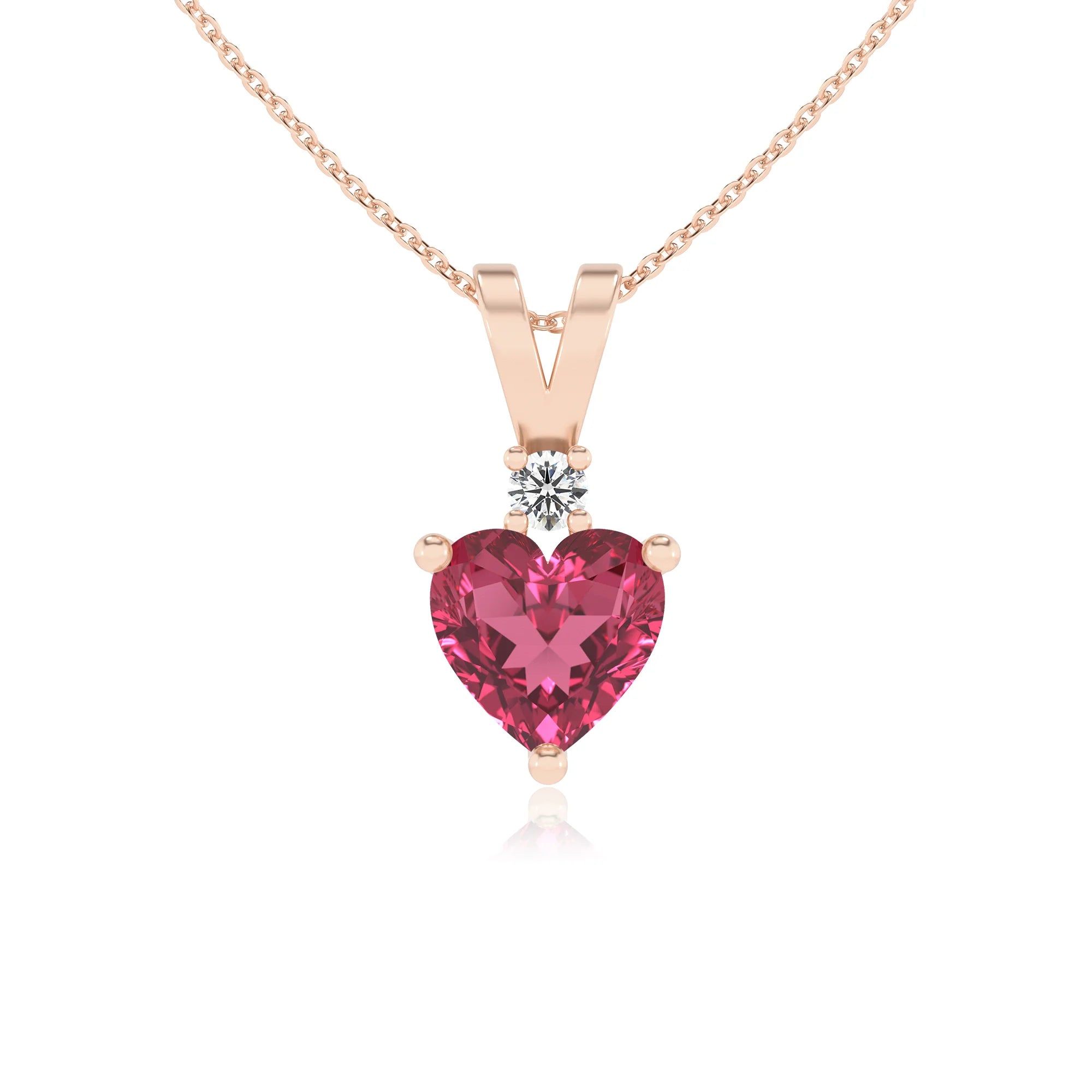 lab grown pink-tourmaline heart solitaire v-bale necklaces in rose gold 