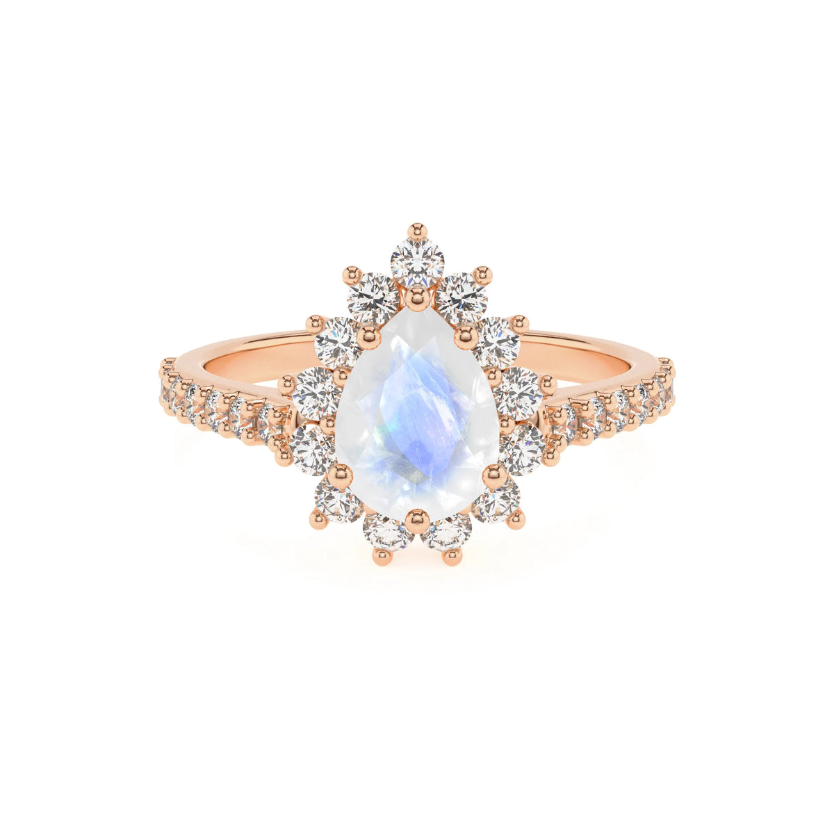 natural rainbow-moonstone pear solitaire rings in rose gold 