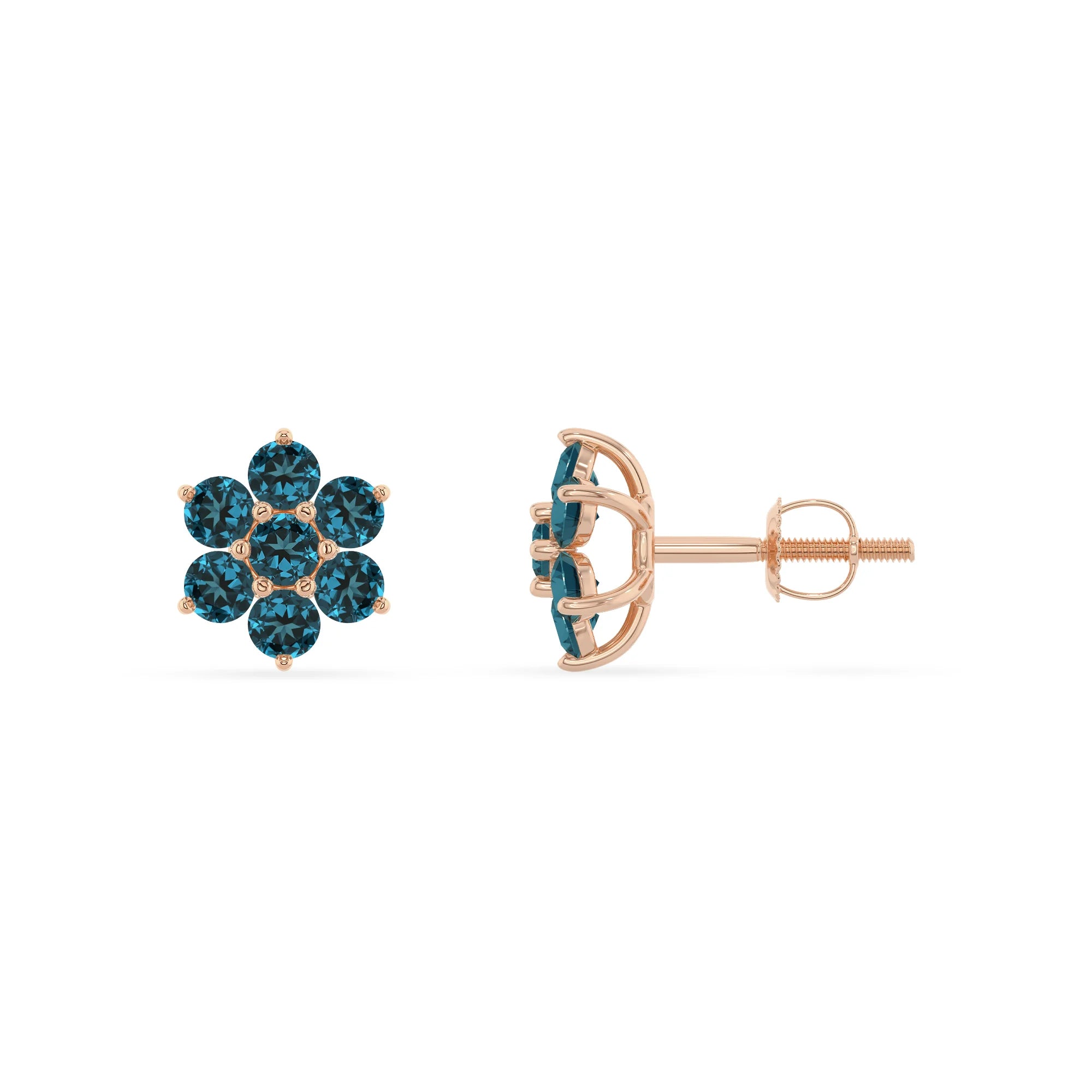 natural london blue topaz round stud earrings in rose gold 