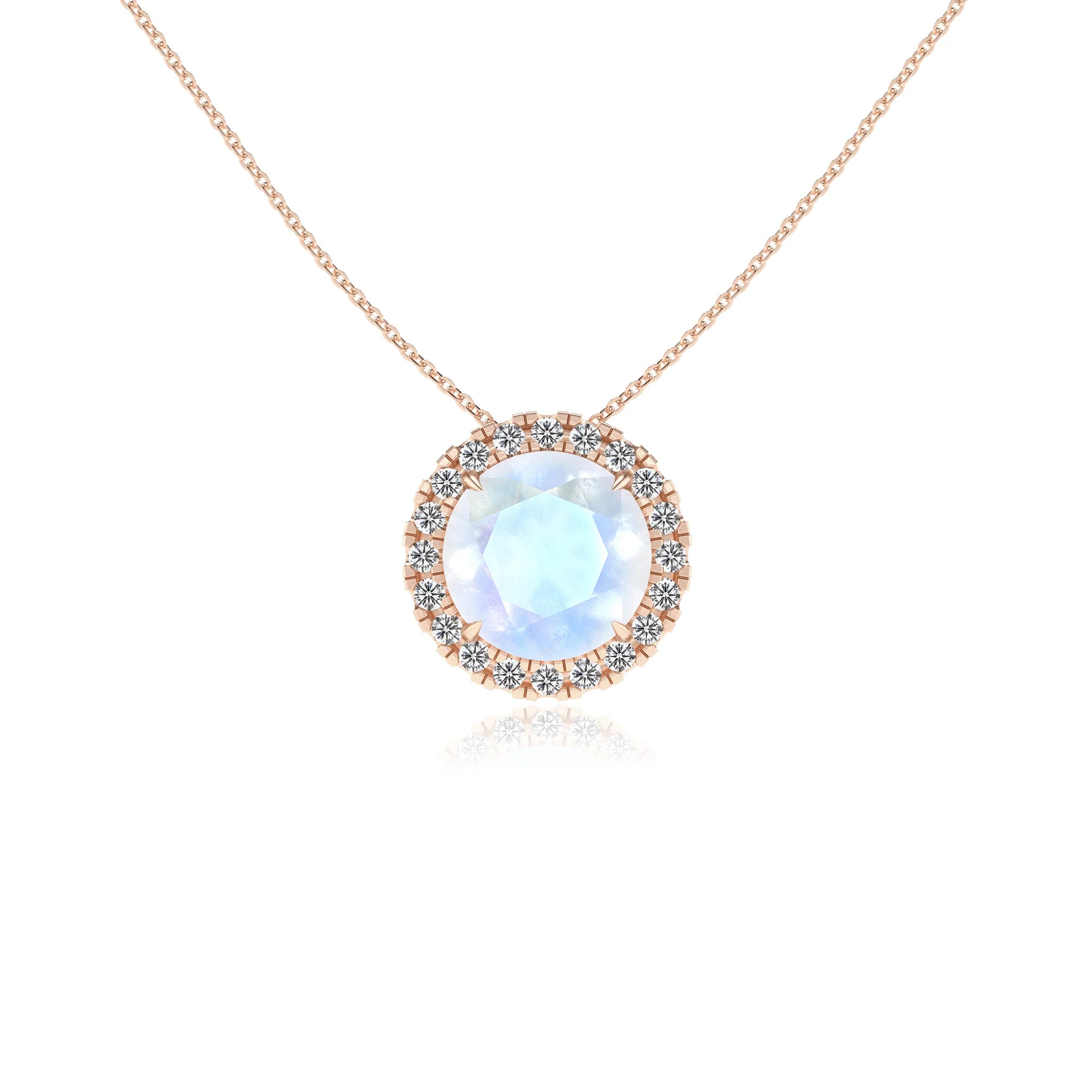 natural rainbow moonstone round solitaire necklaces in rose gold 