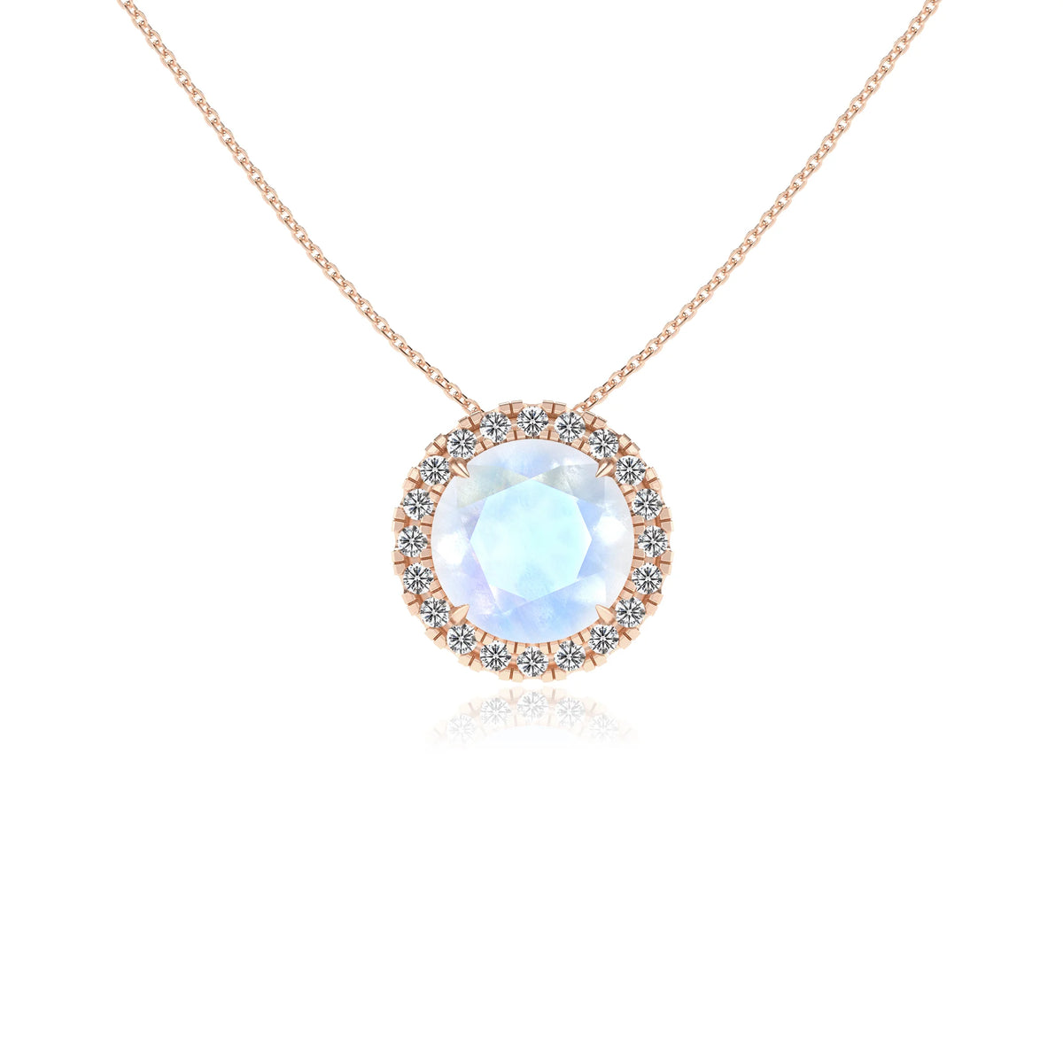 natural rainbow moonstone round solitaire necklaces in rose gold 