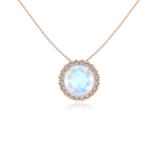natural rainbow moonstone round solitaire necklaces in rose gold 