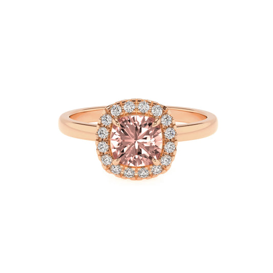 lab grown morganite cushion solitaire rings in rose gold 