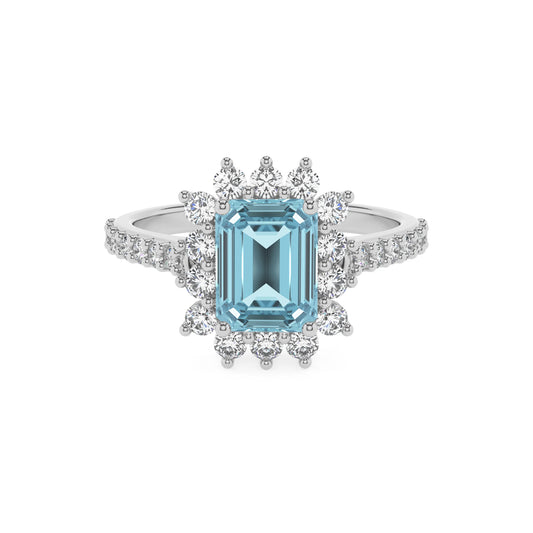 lab grown aquamarine emerald cut solitaire rings in platinum 