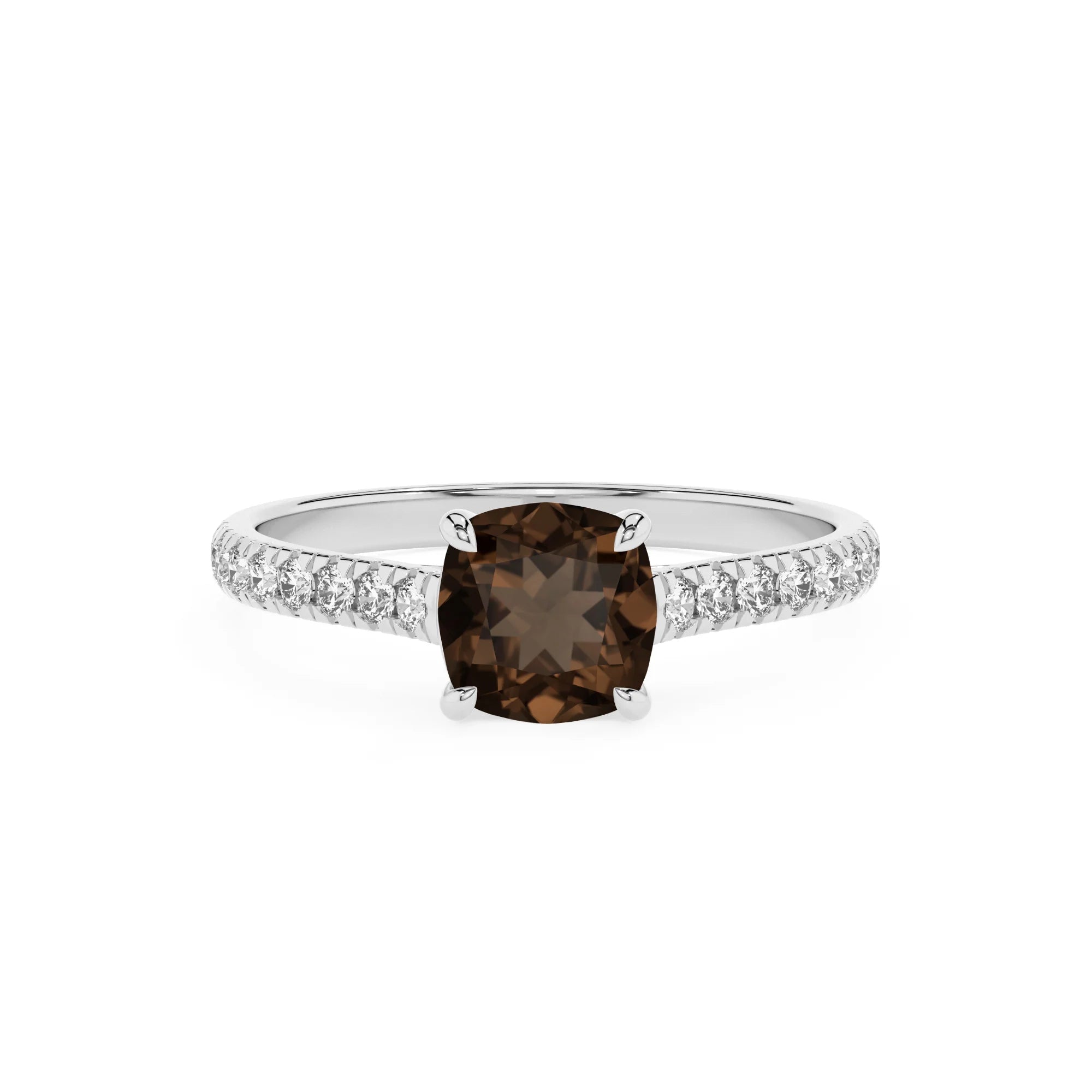 natural smoky-quartz cushion half eternity solitaire engagement rings in sterling silver 