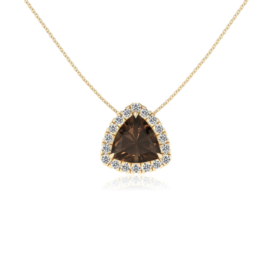 natural smoky quartz trillion solitaire necklaces in yellow gold 