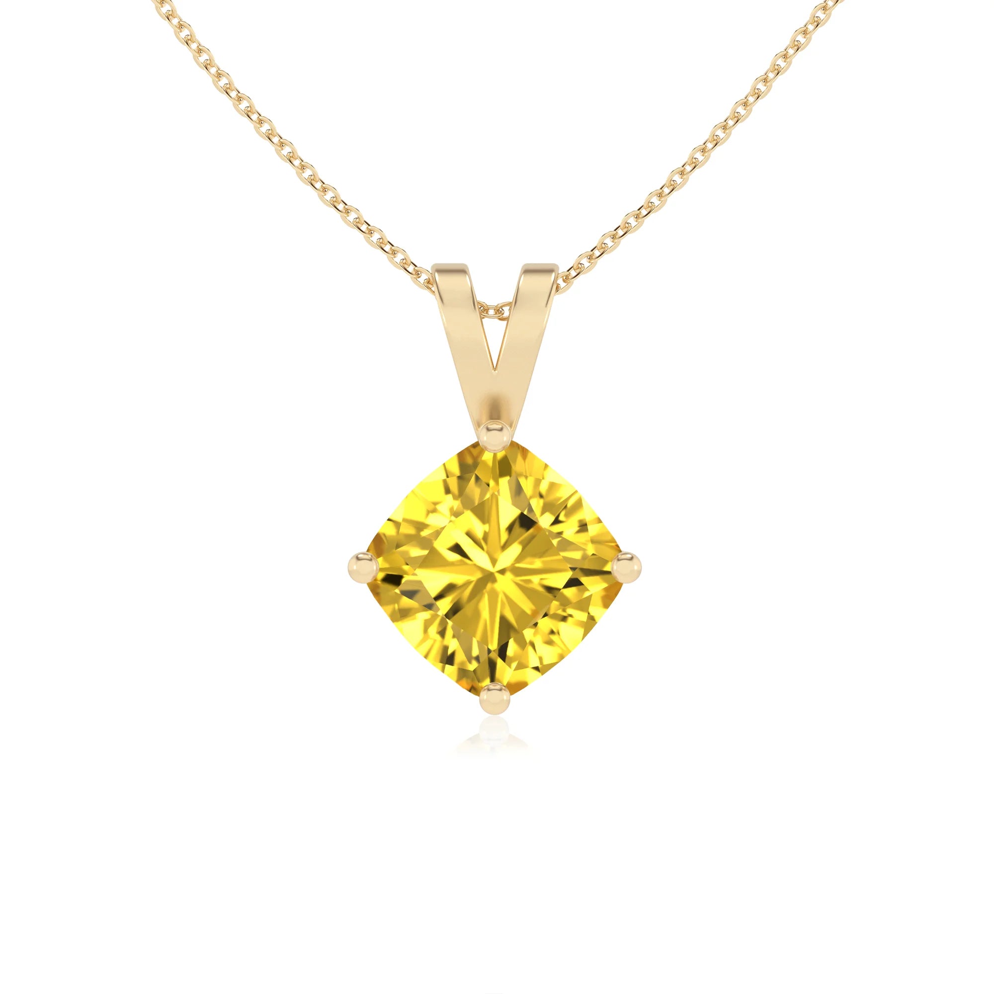 lab grown yellow-sapphire cushion solitaire v-bale necklaces in yellow gold 