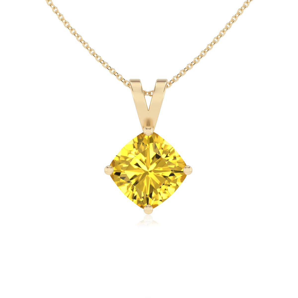 lab grown yellow-sapphire cushion solitaire v-bale necklaces in yellow gold 