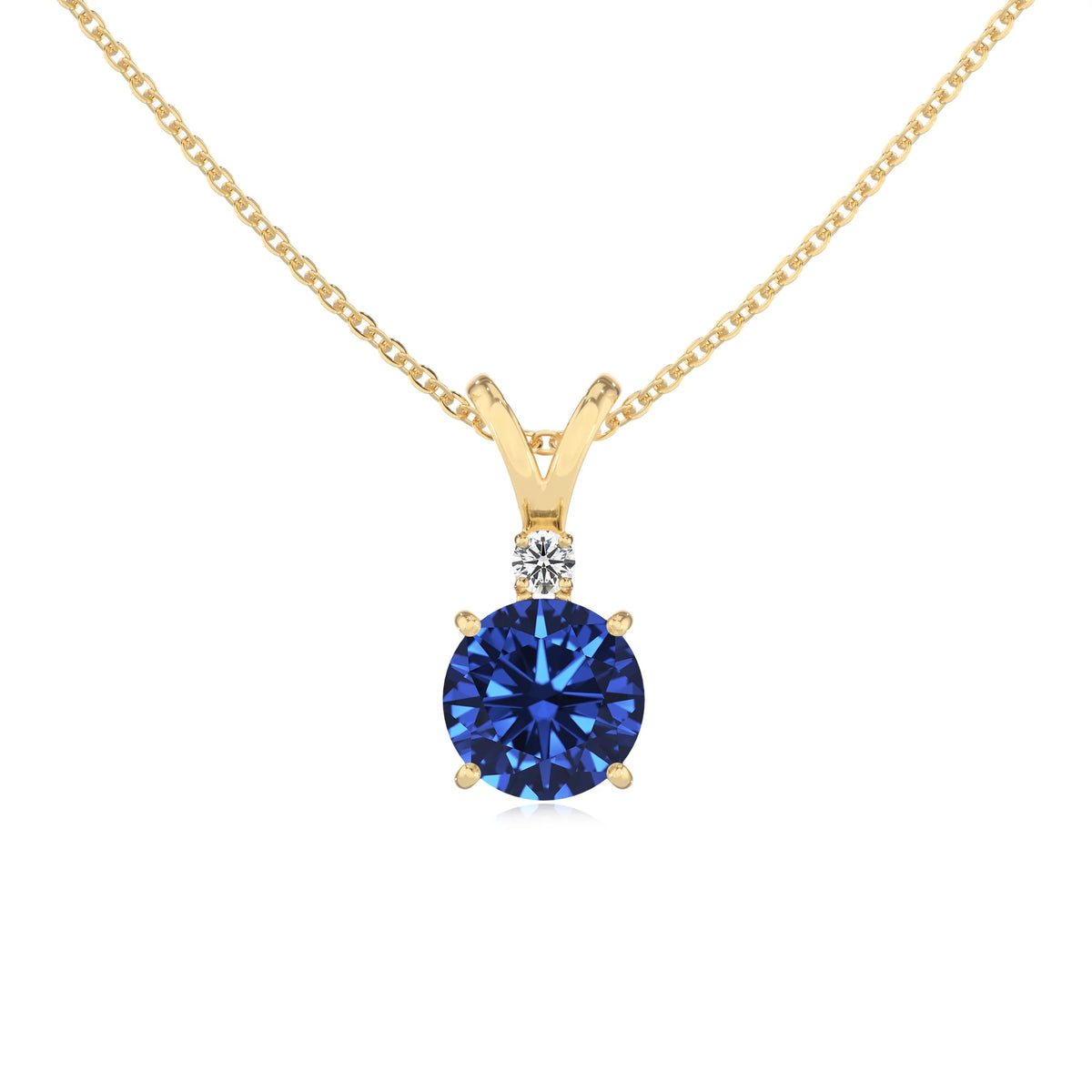 lab grown blue-sapphire round solitaire v-bale necklaces in yellow gold 