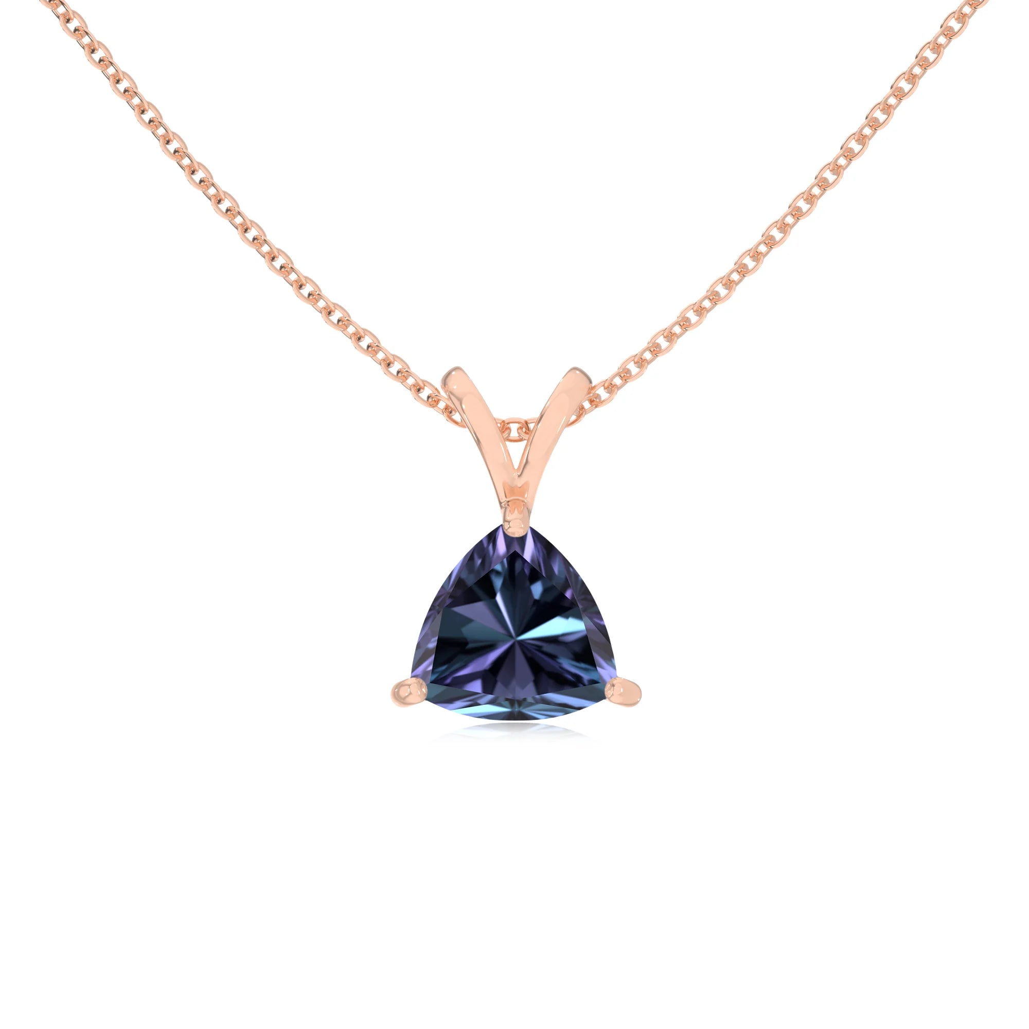 lab grown alexandrite trillion solitaire v-bale necklaces in rose gold 