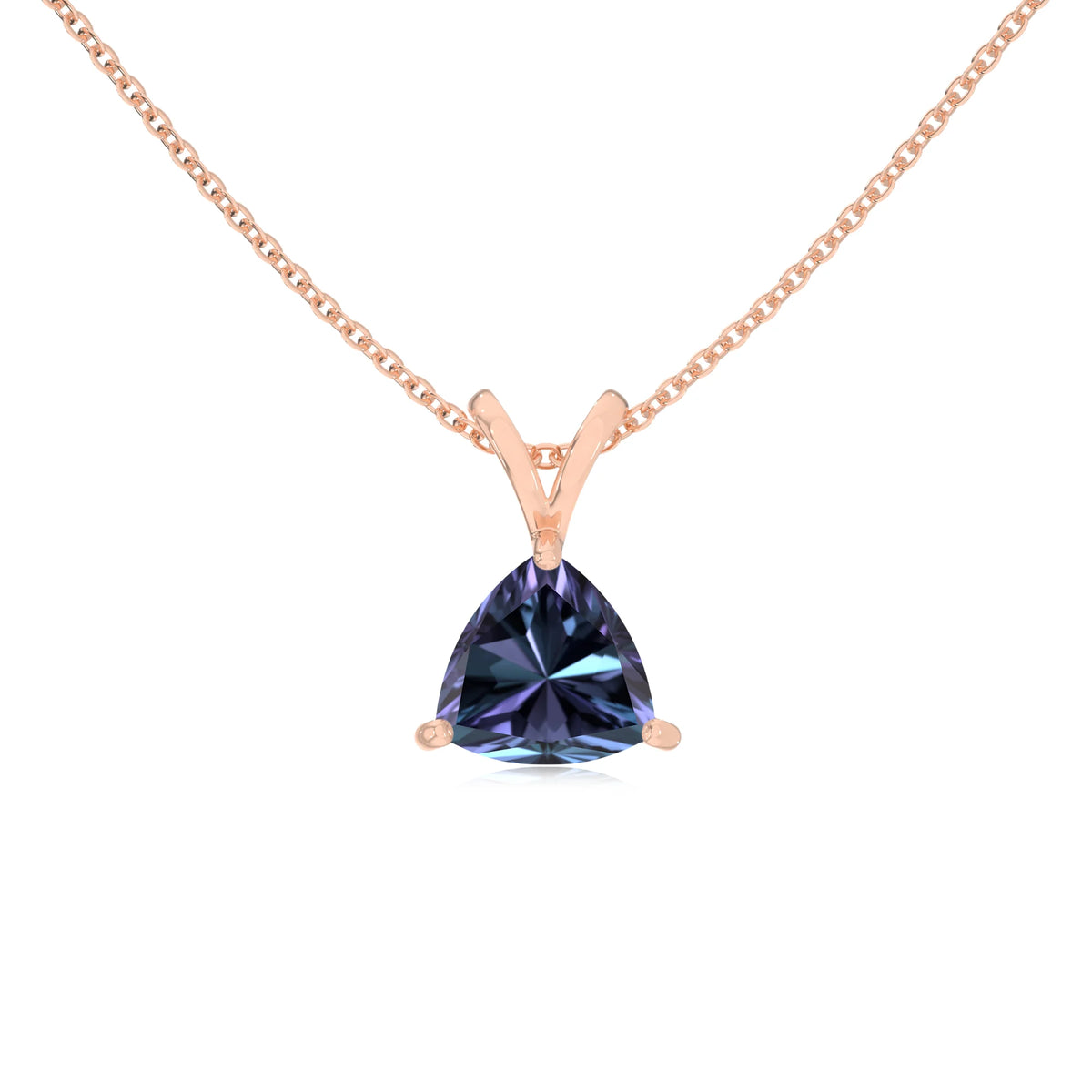 lab grown alexandrite trillion solitaire v-bale necklaces in rose gold 