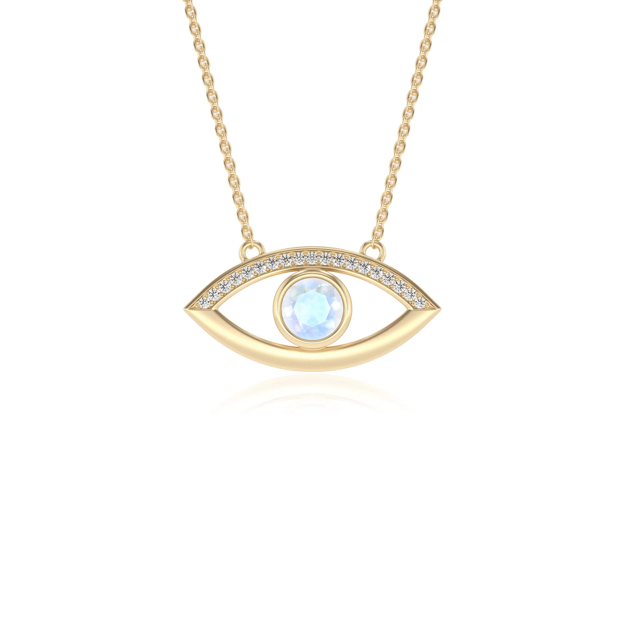 natural rainbow-moonstone round solitaire necklaces in yellow gold 