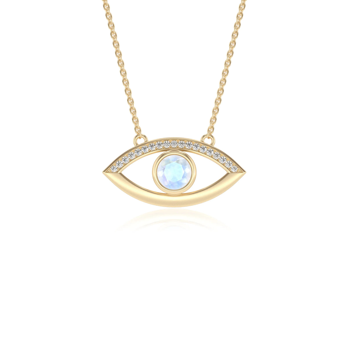natural rainbow-moonstone round solitaire necklaces in yellow gold 