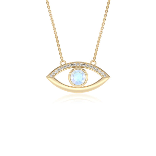 natural rainbow-moonstone round solitaire necklaces in yellow gold 