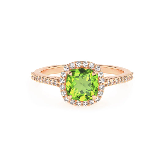 natural peridot cushion solitaire rings in rose gold 
