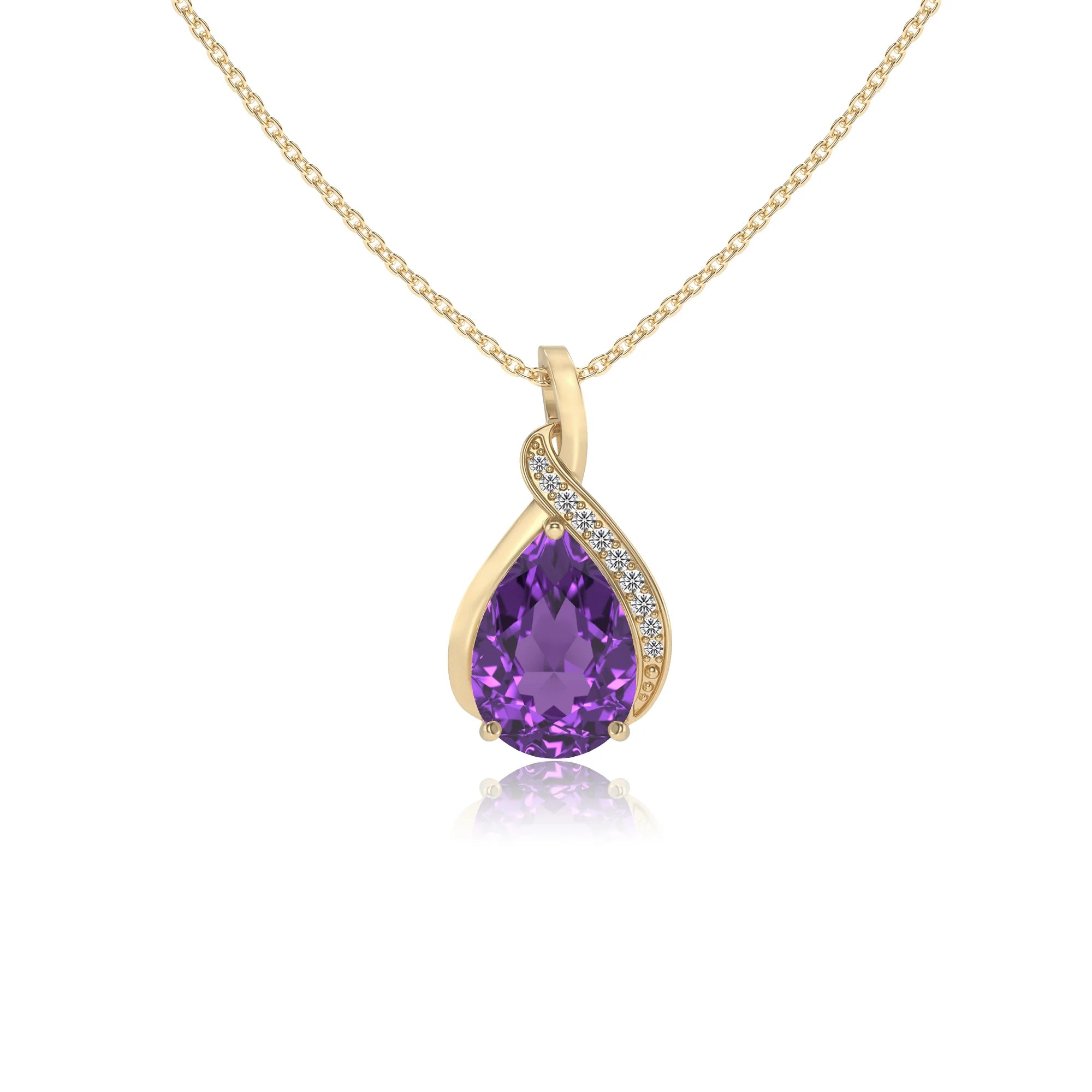 lab grown amethyst pear solitaire necklaces in yellow gold 