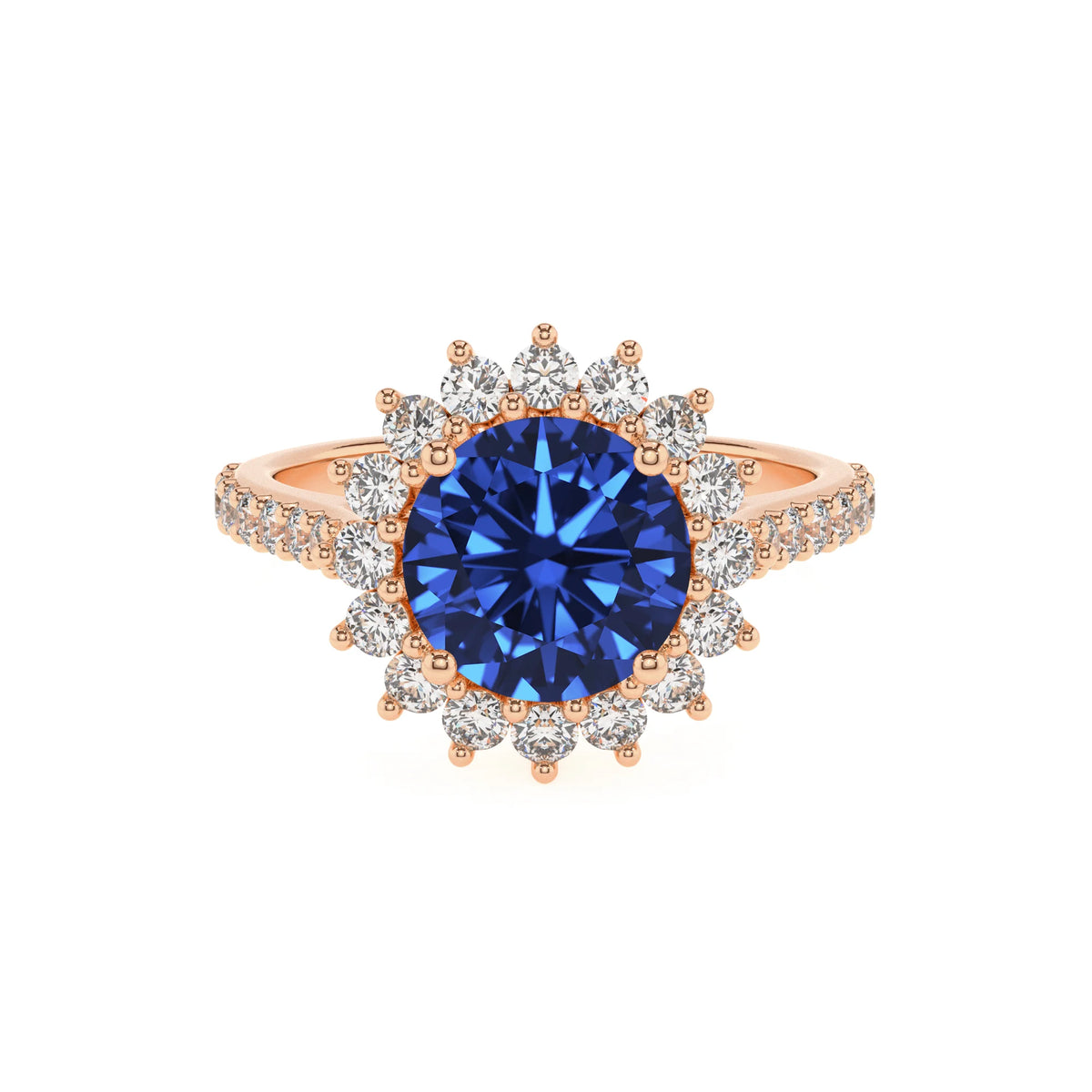 lab grown blue-sapphire round solitaire rings in rose gold 