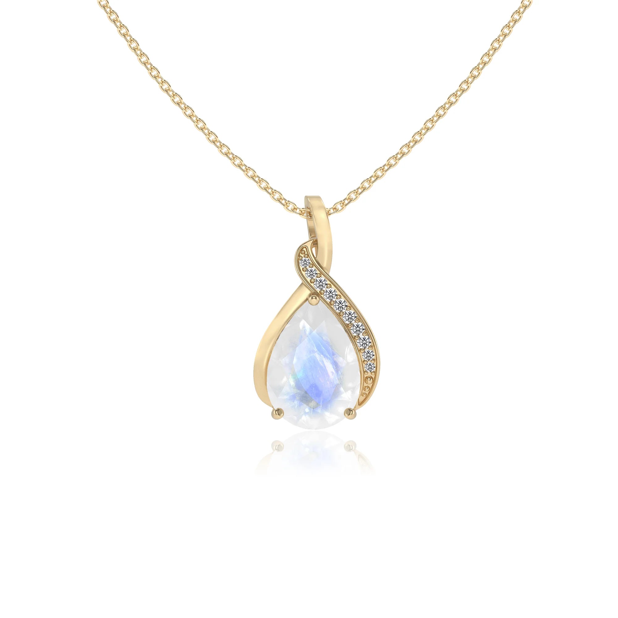 natural rainbow-moonstone pear solitaire necklaces in yellow gold 
